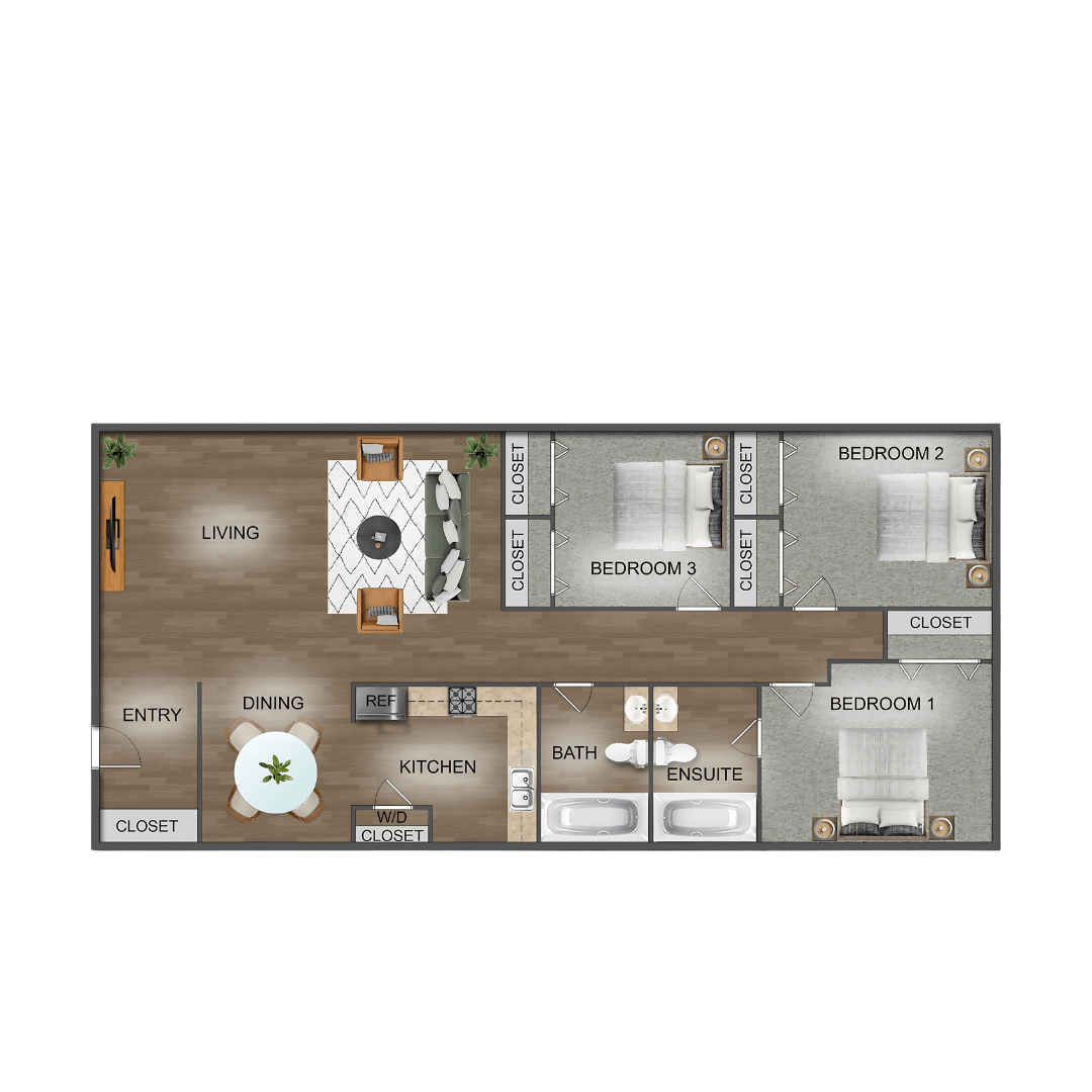 Floor plan for 3 beds, 2 baths, 1230 sqft